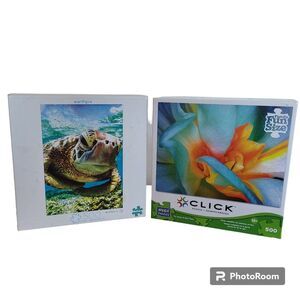 500 Piece Puzzle Lot - Set of Two - Turtle and Flower - Buffalo and Mega Puzzles